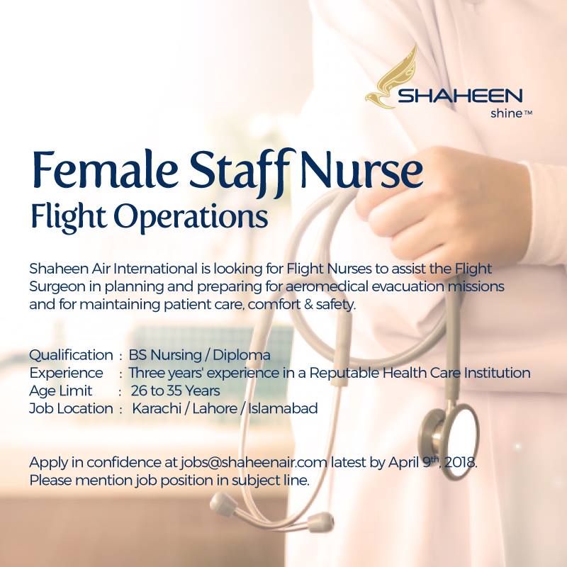watch_aviation's tweet photo. Shaheen Air is recruiting Flight Nurses for Karachi, Lahore and Islamabad. Send your applications by 9th April, 2018 to be a part of #SAI team. 
#Jobs #ShineWithShaheen #ShaheenAirInternational https://t.co/RU5jdUby83