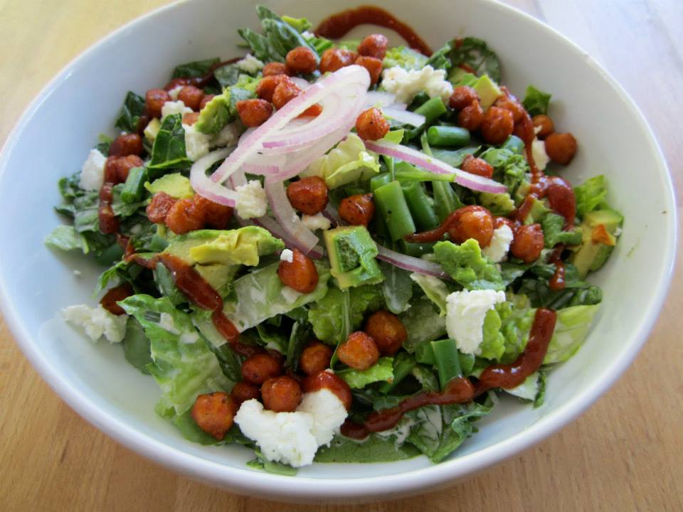 FourCafe's tweet photo. Our Spring menu is now being served... swing by, dive into our BBQ Chickpea Salad!! With romaine, arugula, haricot vert, red onion, goat cheese, garbanzo, avocado and a buttermilk dressing it's amazing! https://t.co/uTQue18Vnm