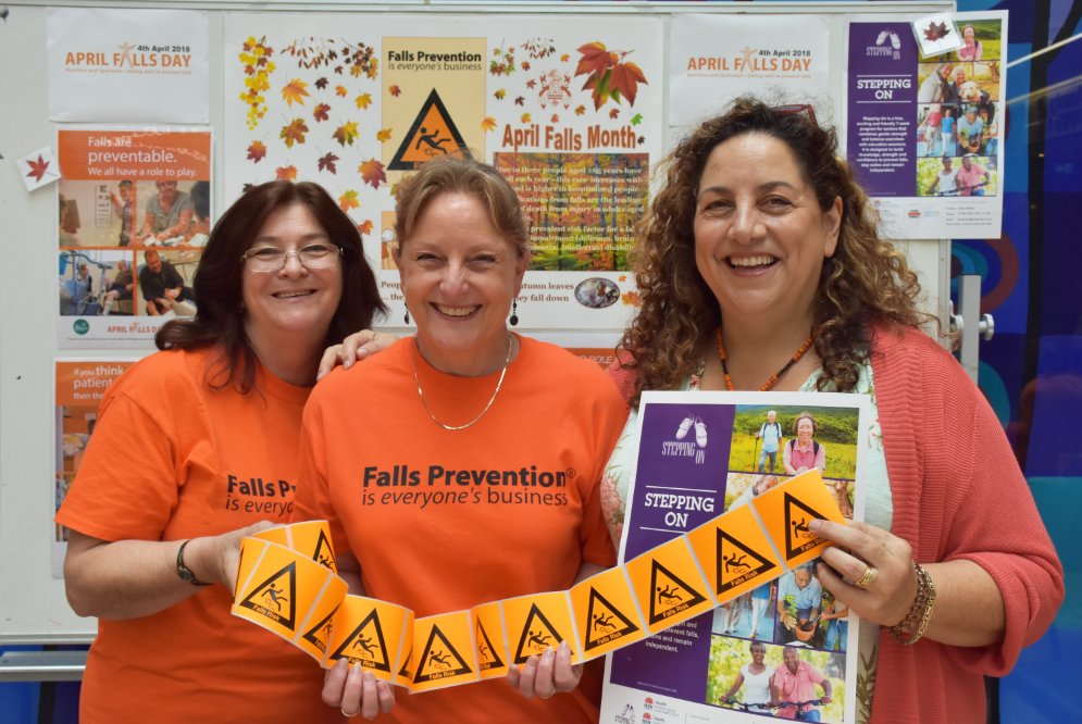 NthSydHealth's tweet photo. It's April Falls Day today - a part of a whole month dedicated to falls prevention. Our staff were out and about spreading the word about nutrition and hydration for keeping people on their feet #AprilFalls18 https://t.co/1I2bZRsShl