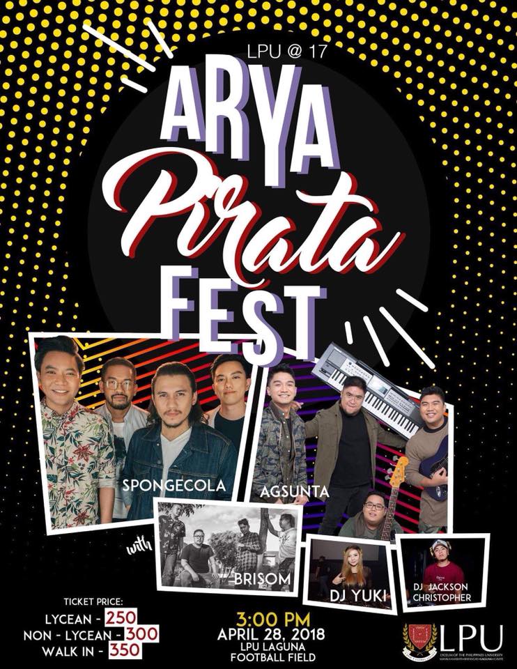 Come and witness how SPONGECOLA and AGSUNTA rock the night and also experience a RAVE Party on April 28,2018 at LPU-Laguna Football Field. ‼️‼️‼️ BUY YOUR TICKETS NOW ‼️‼️‼️
For ticket reservation. Contact 0916 939 6780 or message our FB page.