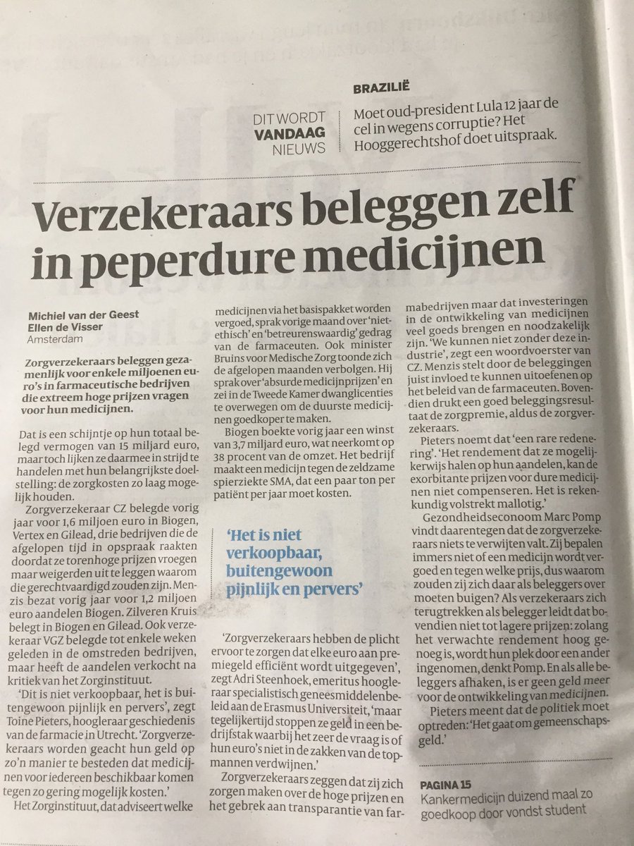 Pervers inderdaad. Verzekeraars die beleggen in aasgierenfabrikanten. En als de medicijnkosten daardoor oplopen verhogen we gewoon de premies.