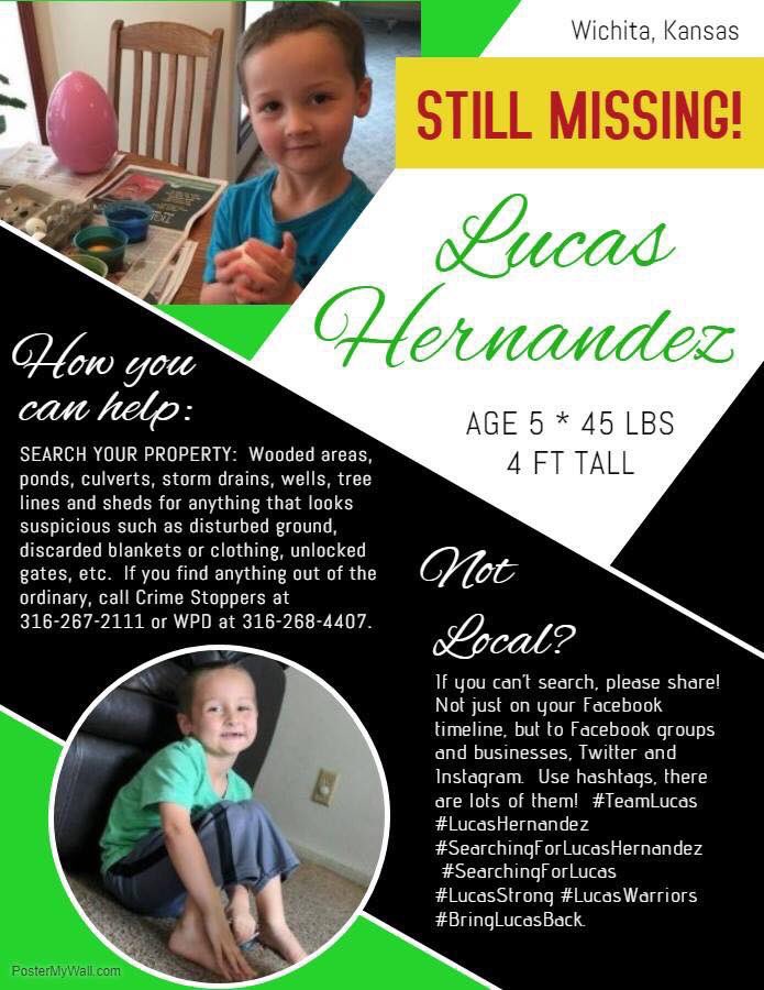 Searching4Lucas's tweet photo. @SedgwickCounty 5-year-old Lucas Hernandez has been missing for 6 weeks from Wichita KS. His family is desperate to find him!  Please RT! #LucasHernandez https://t.co/0Qkb66XOTC