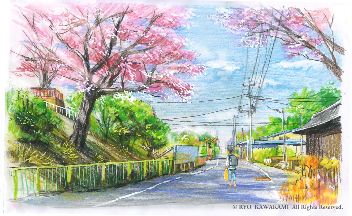 川上リョウ イラスト 遠い日の桜 桜はきれいだけれど どこか儚く悲しくも映ります それぞれの目には 色々な桜が見えているのでしょう イラスト 手描き 風景画 絵描きさんと繋がりたい