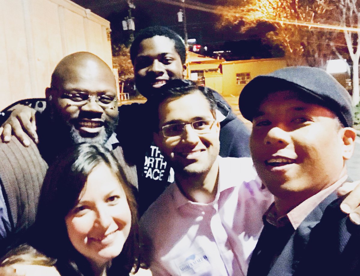 VoteMcKinnon's tweet photo. Two candidate teams after hours catching up. Ray for County Commissioner At Large. Mujtaba Mohammed for State Senate District 38. The future of Charlotte is right here. Go to https://t.co/ZR5BlEF250 & https://t.co/k5Ss31go5J & volunteer! #runrayrun #mohammednc #mecklenburg #ncpol https://t.co/LHIDh98yIs