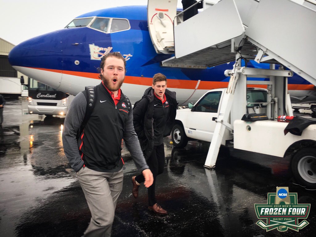 NPRodeo's tweet photo. WEED Leaf???????? RT @OhioStAthletics: ICYMI: #FrozenFour travel day
@OhioState_MHKY arrived in St. Paul Tuesday 
📸 https://t.co/iJpqNA9M2J
#GoBucks https://t.co/yJGw3PmhJb