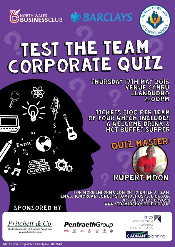 StDavidsHospice's tweet photo. The "Test the Team" Corporate Quiz is back for the third year on Thursday 17 May. Full details to enter your team can be found here: https://t.co/j5JGLEYo4u
A huge thank you to this year's sponsors @PritchettCo @pentraethgroup @cadnantplanning and @KnoxCommercial https://t.co/GYrj3nEGnI