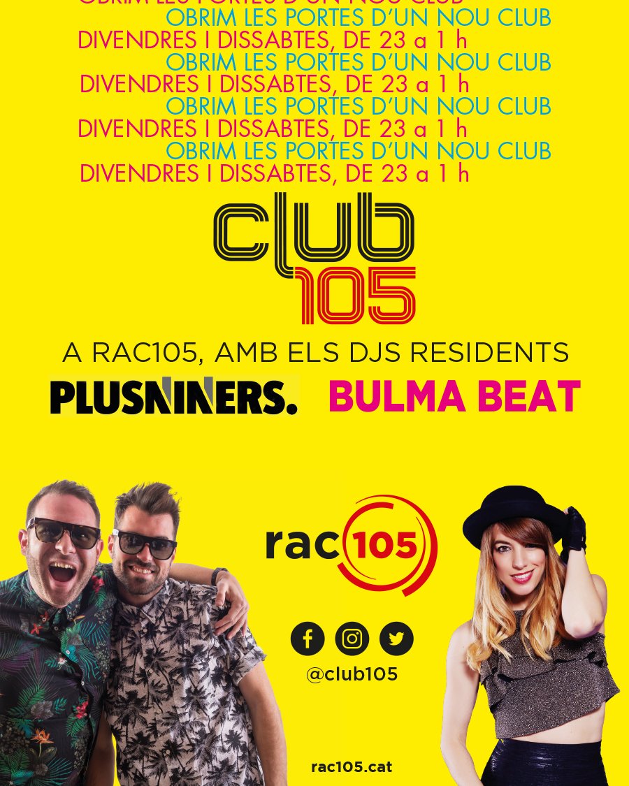 Donem la benvinguda als nous DJs residents del #Club105: #Plusniners i <a href="/bulmabeat/">Bulma Beat</a> 🙌. Podreu escoltar les seves sessions cada divendres i dissabte, d’11 a 1 de la matinada, a #RAC105
bit.ly/2Eiuvcs