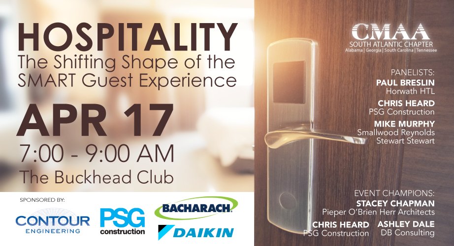 Join CMAA-SAC for 4/17 breakfast meeting Hospitality: The Shifting Shape of SMART Guest Experience at the Buckhead Club.
Sponsored by: @BacharachUSA, <a href="/contoureng1/">Contour Engineering</a>, <a href="/DaikinApplied/">Daikin Applied</a>, &amp; <a href="/PSGconstruction/">PSG Construction</a>.   
SIGN UP TODAY! ow.ly/v9tN30jjbN4