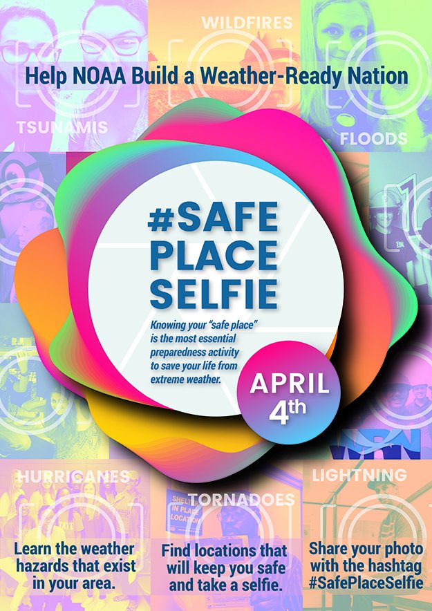 Today's the day! Show us where your safe place from any variety of extreme weather is, by taking a selfie there, sharing it and adding #SafePlaceSelfie! We'll be sharing them through the day. weather.gov/wrn/safeplaces…