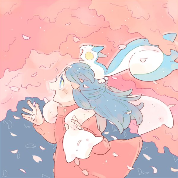 dawn (pokemon) 1girl pokemon (creature) blue hair scarf long hair looking up pokemon on head  illustration images
