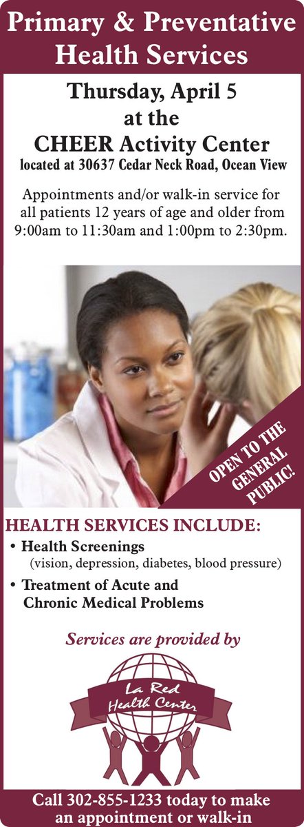 La Red Health Center is for everyone and will be open for walk-in service on April 5th from 9-11:30am and 1-2:30pm at the Cheer Ocean View Activity Center!
