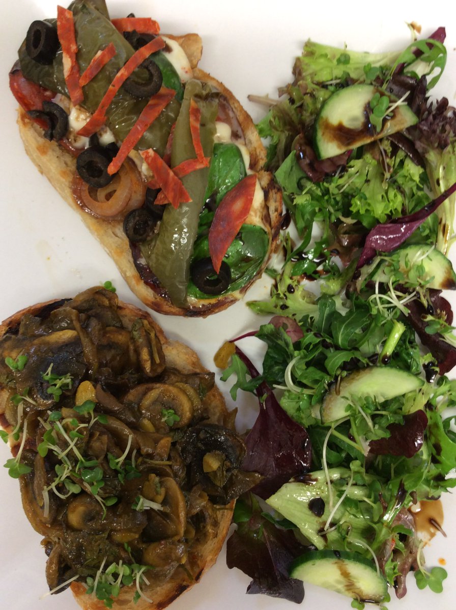 BoxfordCoffee's tweet photo. #sourdough #open #sandwich with 1. #chorizo #friedonions #peppers #olives #basil &amp; #mozarella and 2. #curried #mushrooms #mago #chutney &amp; #coriander served #grilled with a #side #Salad https://t.co/yo3NYJYxM4