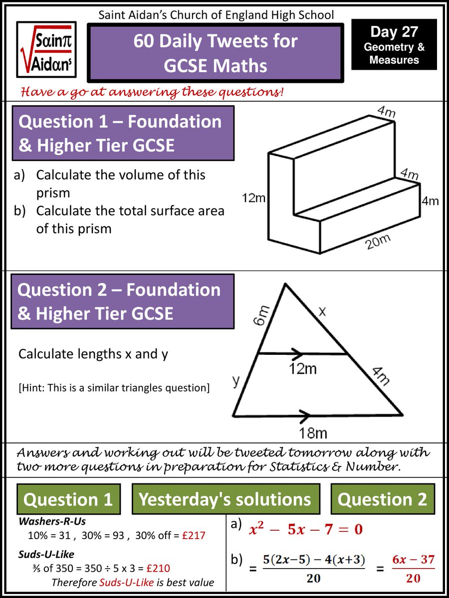 SaintAidansMath's tweet photo. No. 27 of 60 daily tweets designed to help Yr 11 prepare for their Maths GCSE this Summer - Volume, surface area and similarity today! - Answers and more questions tomorrow! https://t.co/yz4idxAPXc