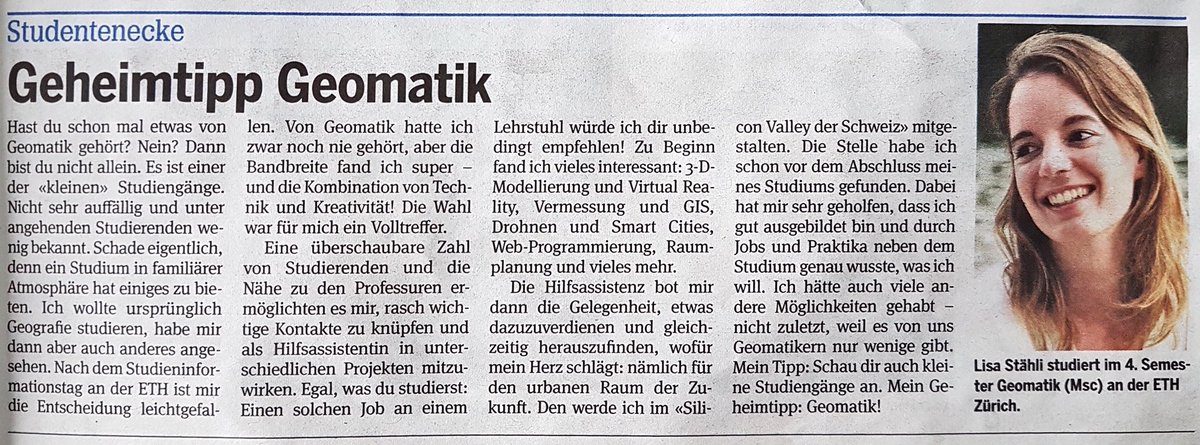 Geheimtipp Geomatik: "super Kombination von Technik und Kreativität". Tolle Werbung in <a href="/20min/">20 Minuten</a> für das Geomatik-Studium an <a href="/ETH/">ETH Zürich</a> - und natürlich auch bei uns an der <a href="/FHNW/">Fachhochschule Nordwestschweiz FHNW</a>