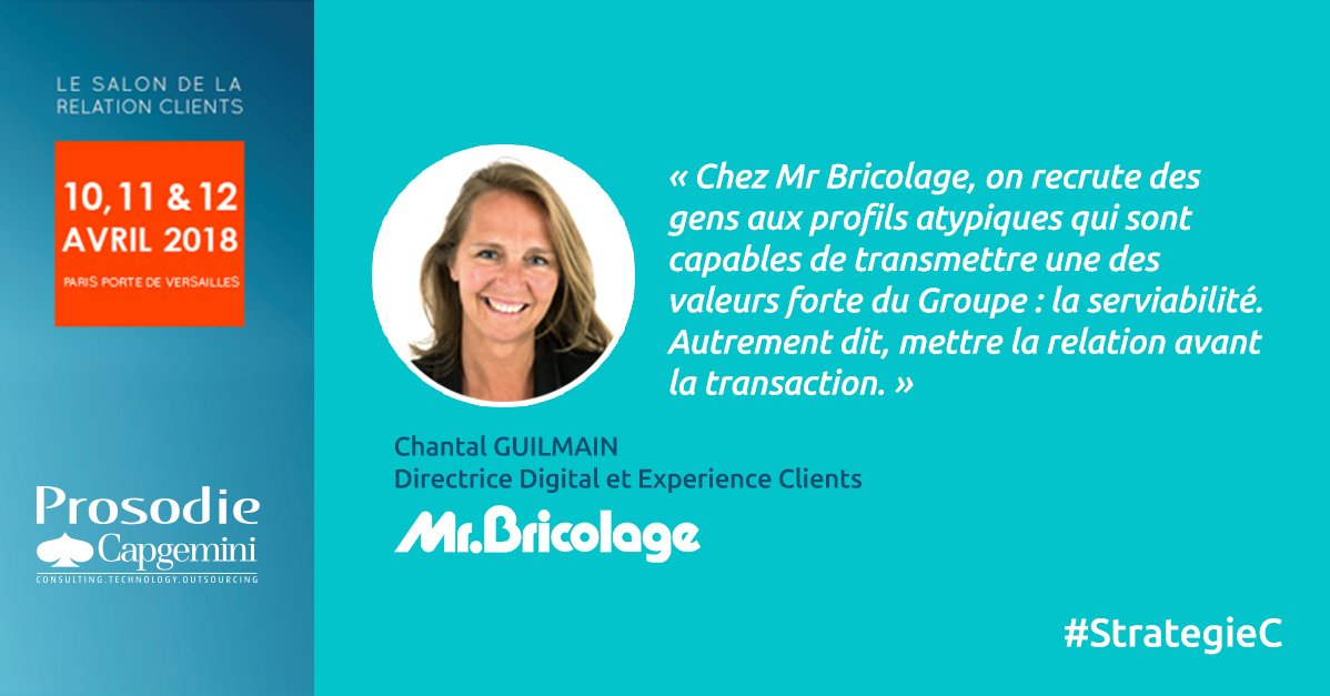 Prosodie-Capgemini participera à la conférence "La relation avant la transaction" avec <a href="/GuilmainChantal/">Chantal Guilmain</a>, Directrice Digital et Experience Clients de Mr Bricolage . Nous vous donnons RDV Mardi 10 avril à 12H15 en Salle 9 goo.gl/mv74nD <a href="/tsainthilaire/">Thomas Saint Hilaire</a> #StrategieC