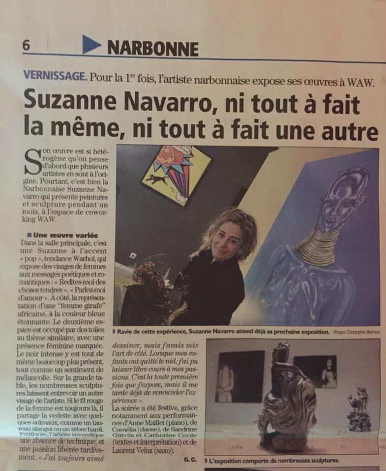 Merci <a href="/Narbonne_lindep/">L'Indep Narbonne</a> pour ce bel article !
Beau succès pour le vernissage de Suzanne Navarro <a href="/wawcoworking/">waw-coworking</a> et un grand merci aux artistes présents : Sandrine Garcia (texte), Catherine Coole (texte), Laurent Velluz (saxo), Anne Maillet-Grau (Accordéon), Camelia Gimenez (danse)😀