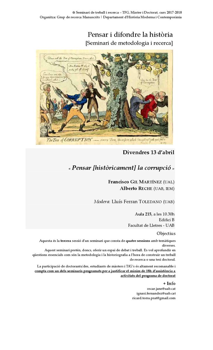 AlbertoRecheOnt's tweet photo. A Cristina Cifuentes li convalidem aquesta activitat de màster. La resta de la humanitat us podeu passar divendres 13 d'abril per la UAB per "Pensar [històricament] la corrupció", oi @RicardTorra @OscarJaneCh ? https://t.co/nRZMVPHPlY
