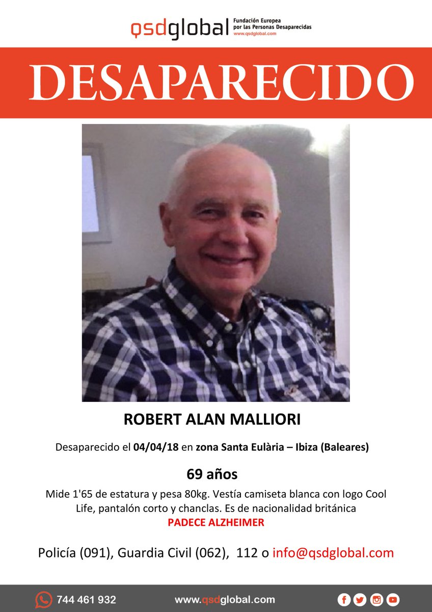 🆘#MUYURGENTE⚠️ 
Este es Robert, un #mayor, que padece #Alzheimer y ha #desaparecido en Santa Eulària #Ibiza #Baleares

Si lo has visto llámanos
 ☎062 
 ☎112 
Tu RT es muy importante y no cuesta nada