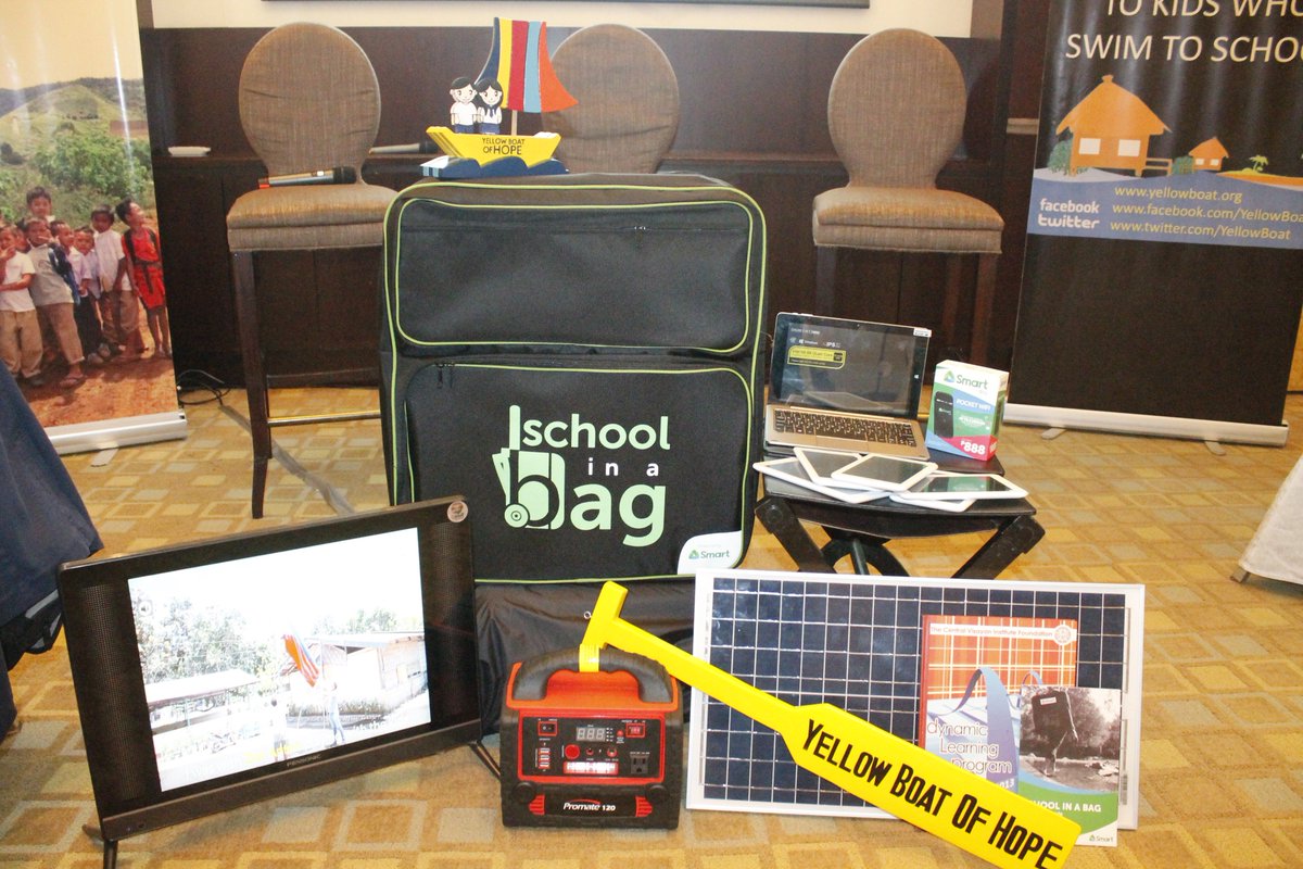 A solar panel that powers the laptop with external hard drive, a tablet, mobile phone, pocket wifi and LED TV to fill the large backpack. Learning modules and a mobile app complete the learning package. #YellowBoatOfHope, #CarlyPeeters #SchoolInABag

leomyc.com/2018/04/school…