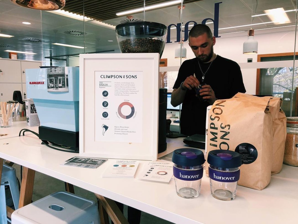 hanovertweets's tweet image. Hanover launches its environmental policy today with our gorgeous #keepcups with #BroadwayMarket coffee dons @climpsonandsons serving up a treat in the office! 👌☕️ #environment #Hanover #coffeetime #barista