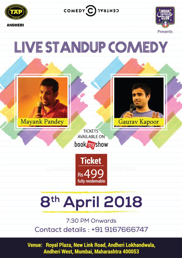 Live Stand Up Comedy – I think it’s time to be happy again!!!!! Laugh till your stomach hurts with Mayank Pandey and Gaurav Kapoor this 8th Sunday only at TAP Andheri West 7:30 pm onwards. For more info pls call 9167666747 #comedy #tap #andheri #gauravkapoor #mayankpandey #food