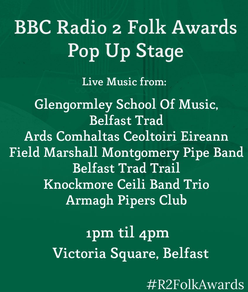 So much happening today to celebrate Folk 🎻🎸here's a *free* event happening in Victoria Square, Belfast, hosted by <a href="/johnnytoal/">John Toal</a>. #R2FolkAwards