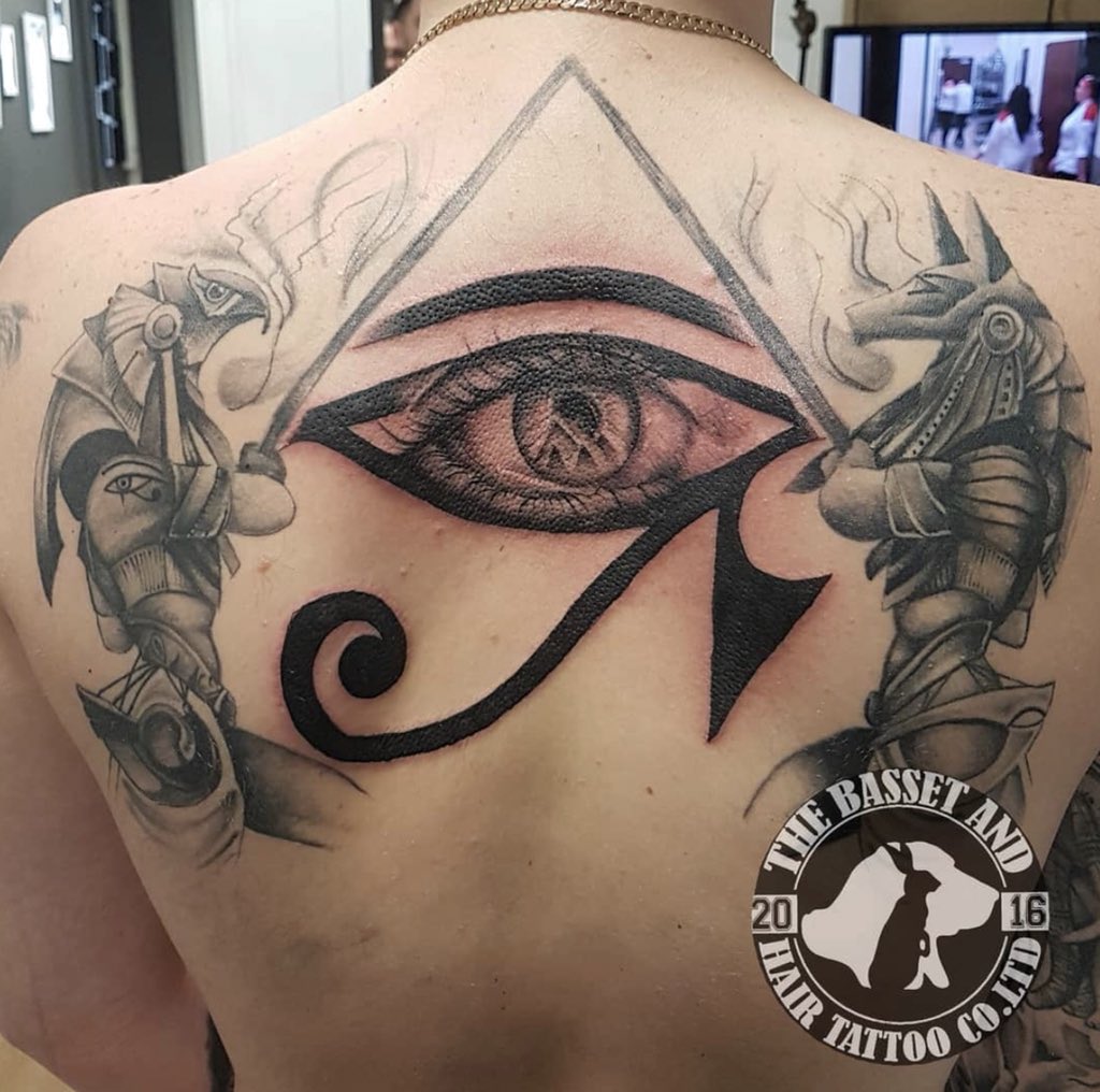 Egyptian back piece!! For appointments The Basset and Hair Tattoo Co 602  Chigwell Road Woodford Bridge Essex IG88AA 02085041744 #tattoo #egypt  #inked #inkedup #horus #vegantattoo #vegan #egyptiantattoo #essextattoo  #tbhtco #pyramids #blackandgrey ..., image size:1024x1016