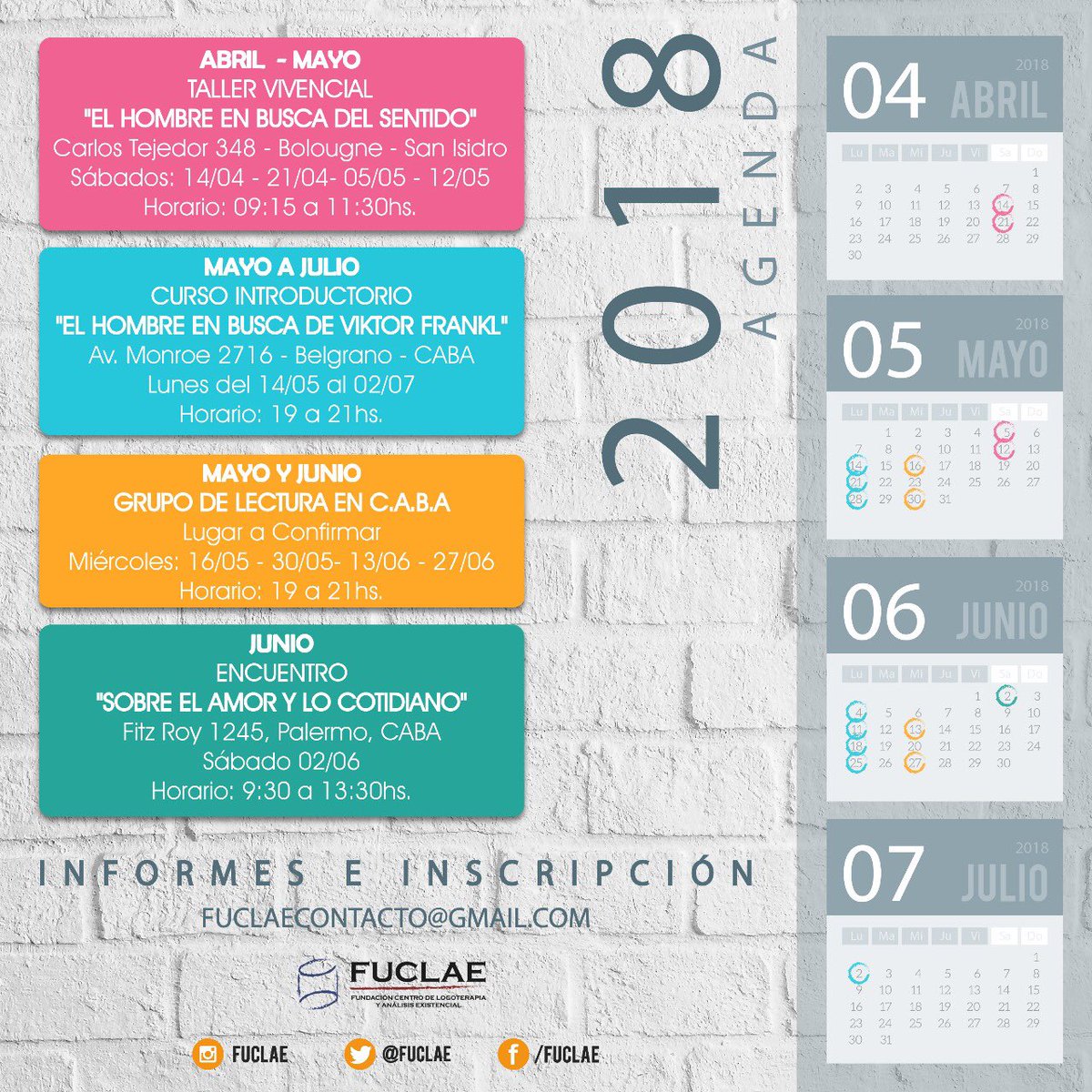 fuclae's tweet photo. 📌 AGENDA 2️⃣0️⃣1️⃣8️⃣ 📌 
Taller, cursos, grupo de lectura y encuentros. Todas nuestras actividades podes verlas acá. 
Para inscribirte debes mandar mail a fuclaecontacto@gmail.com ⬅️ .
¡Nos vemos! 😃 https://t.co/POMf9rVxau