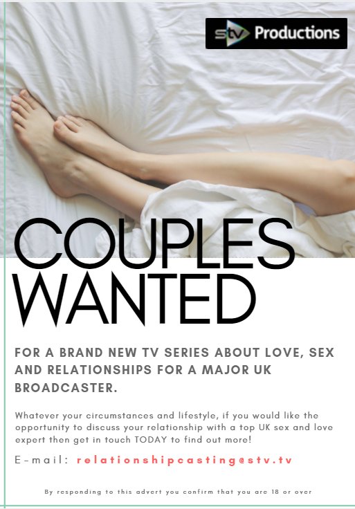 CouplesTVseries's tweet photo. Are you in a relationship that could use some advice from an expert? If so get in touch... relationshipcasting@stv.tv
#couples #relationshipadvice #sexadvice #coupleshelp #tvcasting https://t.co/65e2xtKhyR