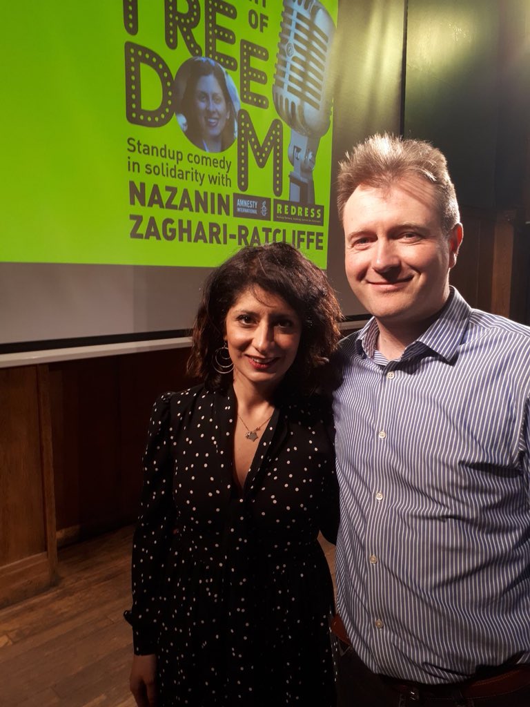 FreeNazanin's tweet photo. We can't thank @ShappiKhorsandi and @PKTWICK enough for all the hours they put into organising the #OneDayofFreedom comedy night for Nazanin. It was a fantastic night and really helped lift the spirits. Thank you. #FreeNazanin https://t.co/Ju77QKv2Sx