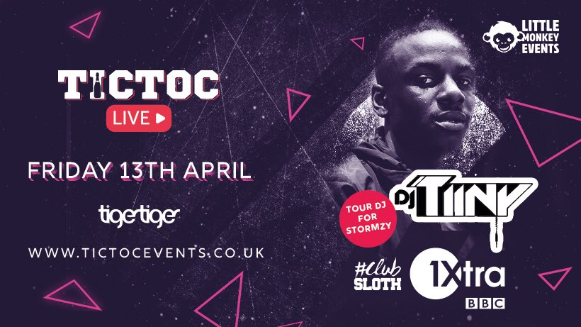 tictoccardiff's tweet photo. 🔈We’re excited to announce our third act for TIC TOC LIVE 🔈 👉🏻 DJ TIINY 🔥
A tour DJ for Stormzy performing Friday 13th April!
Tickets available now 🎟
https://t.co/K3gygQJfYi
#ClubSloth @TigerCardiff https://t.co/3Nz02C4kz9