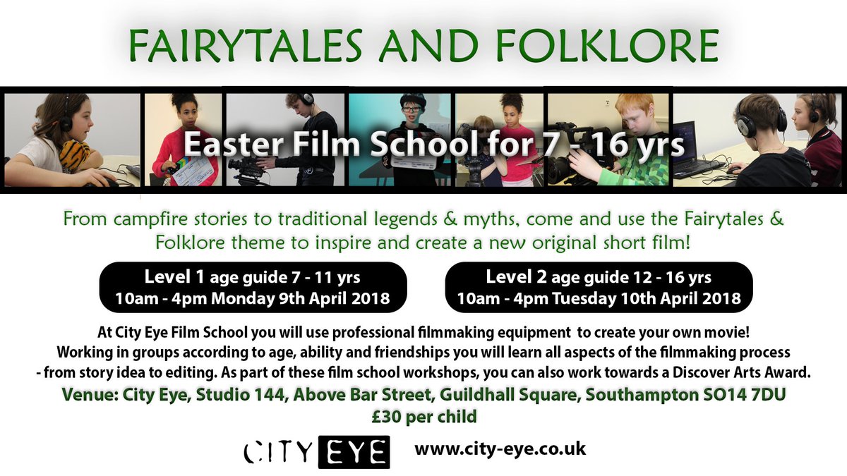 Join City Eye next week in our new film training &amp; production centre at Studio 144 for the Easter holidays 'FAIRYTALES &amp; FOLKLORE' Film School workshops for 7 - 16 yrs. Full details and booking: city-eye.co.uk/upcoming-film-…
#Southampton #YoungFilmmakers #Studio144 #FilmSchool