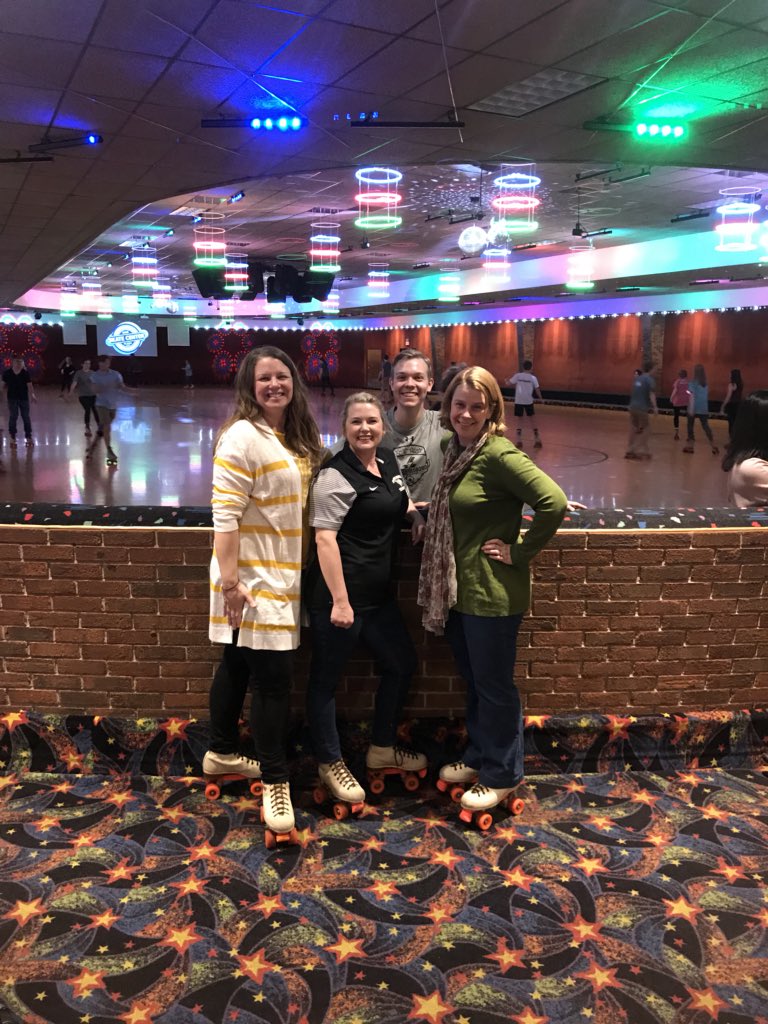 CMSAPNichols's tweet photo. Teachers on skates joined by the senior class president for a break in the action. #funtimes @Central_Magnet @CentralMagnet18 #Classof2018 https://t.co/L3ip5Do31H