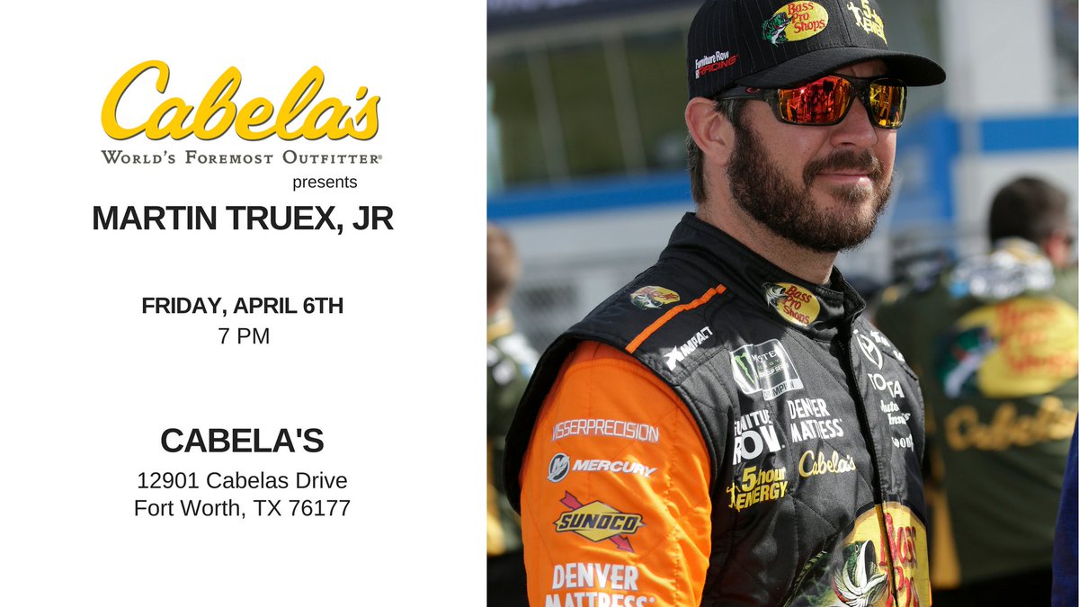 FalciAdaptive's tweet photo. Headed to Texas this weekend? 🤠👇
You may want to leave a *bit* earlier! Don't miss @MartinTruex_Jr at the Fort Worth @Cabelas on Friday » https://t.co/qv5WtvPqlb
#DriverAppearance #MeetMartin https://t.co/K5kUzAtskp