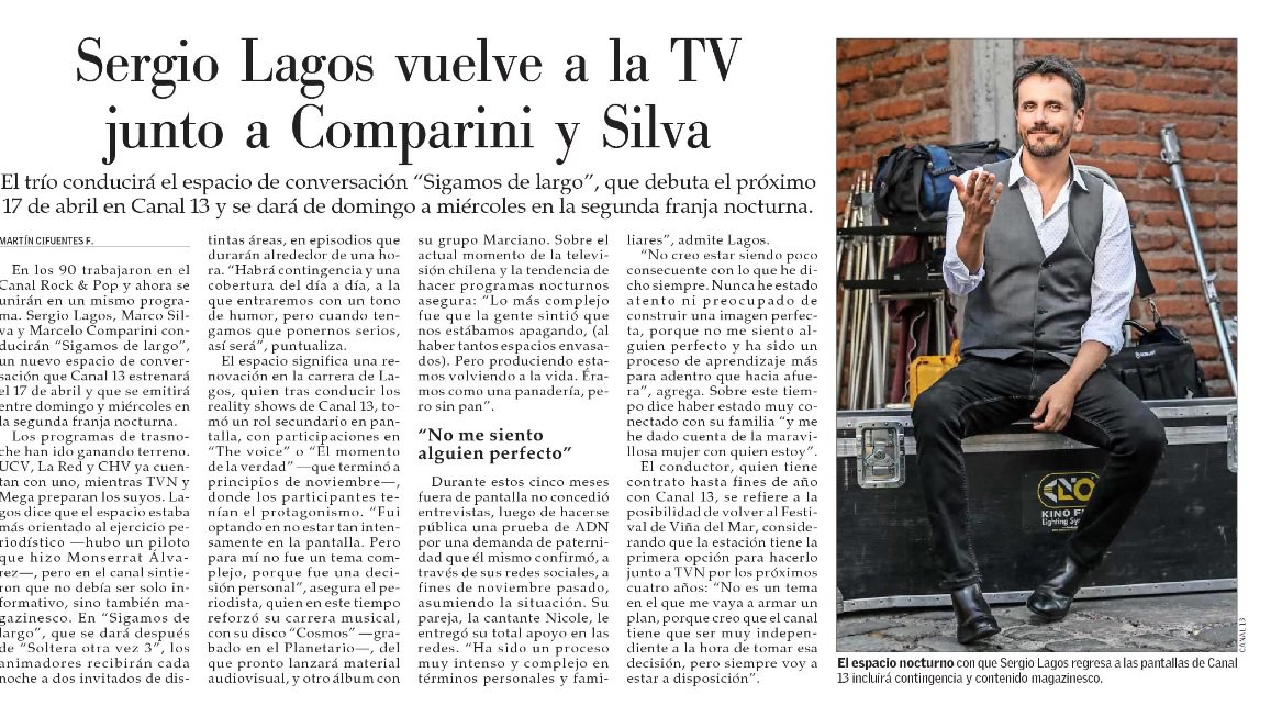 En los próximos días regresa <a href="/sergiolagos/">Sergio Lagos</a> con programa de trasnoche "Sigamos de Largo" junto a <a href="/Cumparini/">Marcelo Comparini</a> y <a href="/marcosimu/">marco silva</a>. En encuesta Media Rostros 2017 las audiencias lo reconocen como un rostro querido, talentoso y entretenido.