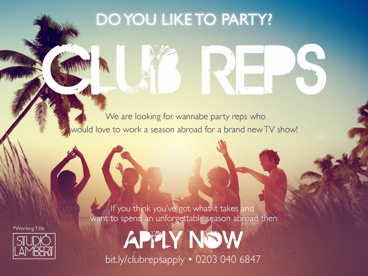 ClubRepsCasting's tweet image. Fancy the chance to spend your summer working abroad? We are looking for wannabe party reps for a brand new series. APPLY NOW! bit.ly/cluprepsapply

#clubreps #bearep #sunseasex #seasonabroad #partyrep #fun #sun #love #dreamjob #party #partyrep #magaluf #ibiza #zante #malia