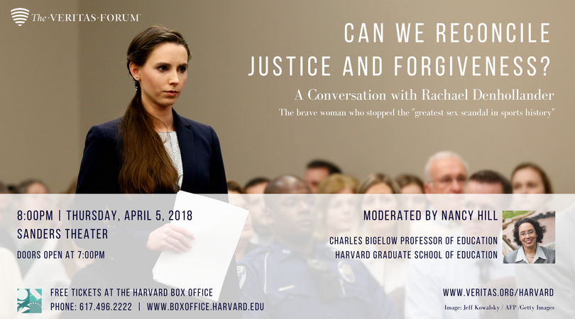 The Veritas Forum at Harvard College will host Rachael Denhollander for a conversation on institutional justice and personal forgiveness, titled 'Can We Reconcile Justice and Forgiveness?' buff.ly/2Ji526J