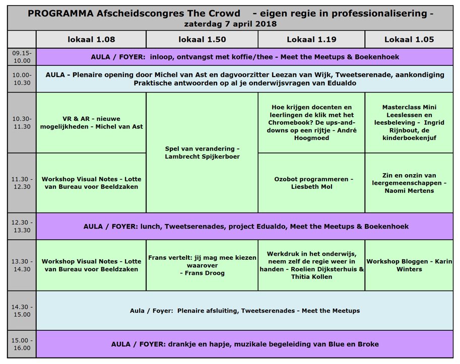 Zaterdag laatste bijeenkomst van <a href="/thecrowdnl/">The Crowd</a> met weer een prachtige agenda. Ik heb mijn keuze kunnen maken <a href="/mvanast/">Michel van Ast</a>, <a href="/MIJNLGS/">MLG</a> en <a href="/karinwinters/">Karin Winters</a>, maar kies zaterdag vast weer anders. Te veel te leuk.
Kom je ook? goo.gl/forms/3l8yxezq…