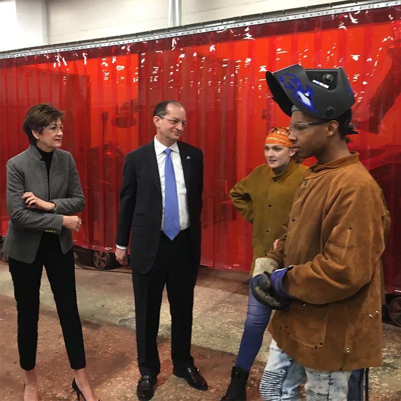 U.S. Secretary of Labor Alexander Acosta and Iowa Governor Kim Reynolds speaking with students at Central Campus High School in Des Moines, Iowa.