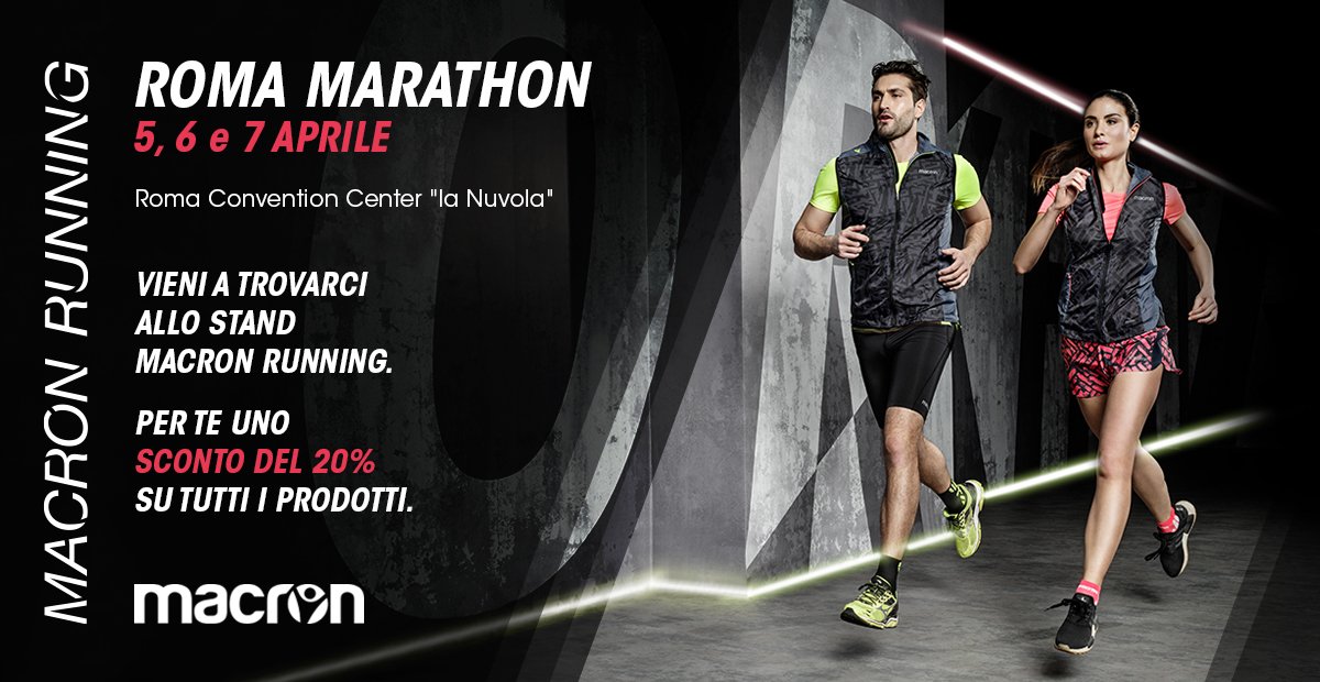 MacronSports's tweet photo. Vieni a trovarci allo stand Macron Running presso il Roma convention center "la Nuvola" quartiere EUR dal 5 al 7 Aprile per la Roma Marathon. Per te uno sconto del 20% su tutti i prodotti. #WorkHardRunHarder @MaratonadiRoma https://t.co/jgjMF7RVYv