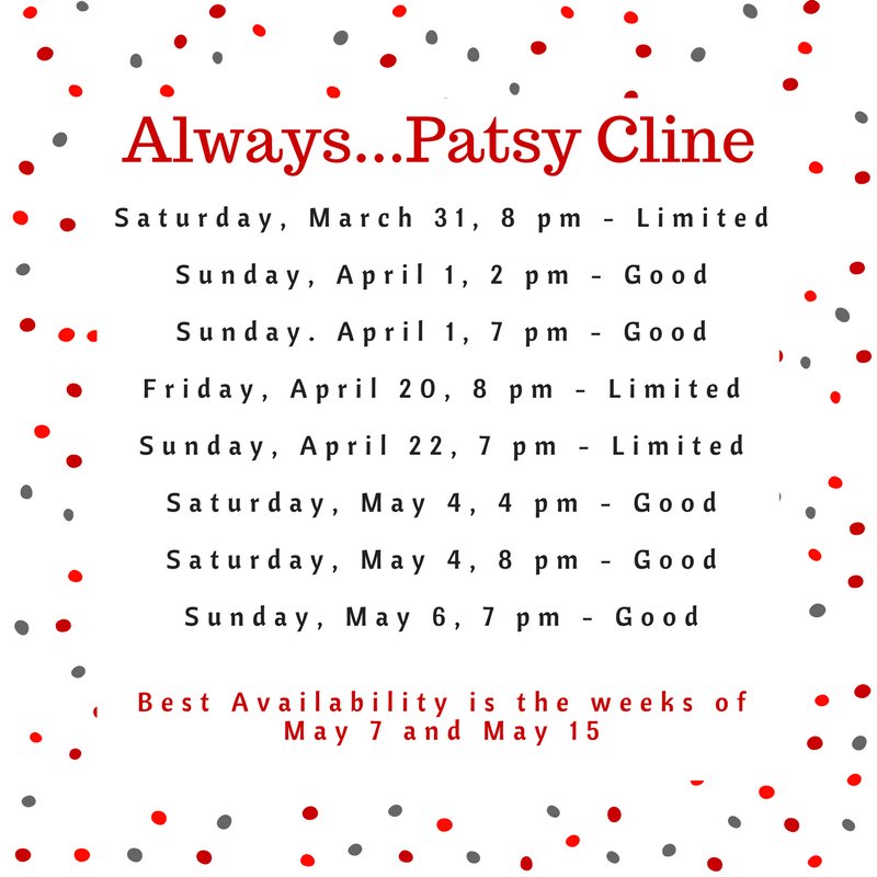 MilwRep's tweet photo. Have you gotten your ticket yet to "Always…Patsy Cline"? Hurry and book today since tickets are limited. Check out these dates below for best availablity! #AlwaysPatsyClineMKE https://t.co/YgX3lzxvwv https://t.co/5jmMxuoE0w