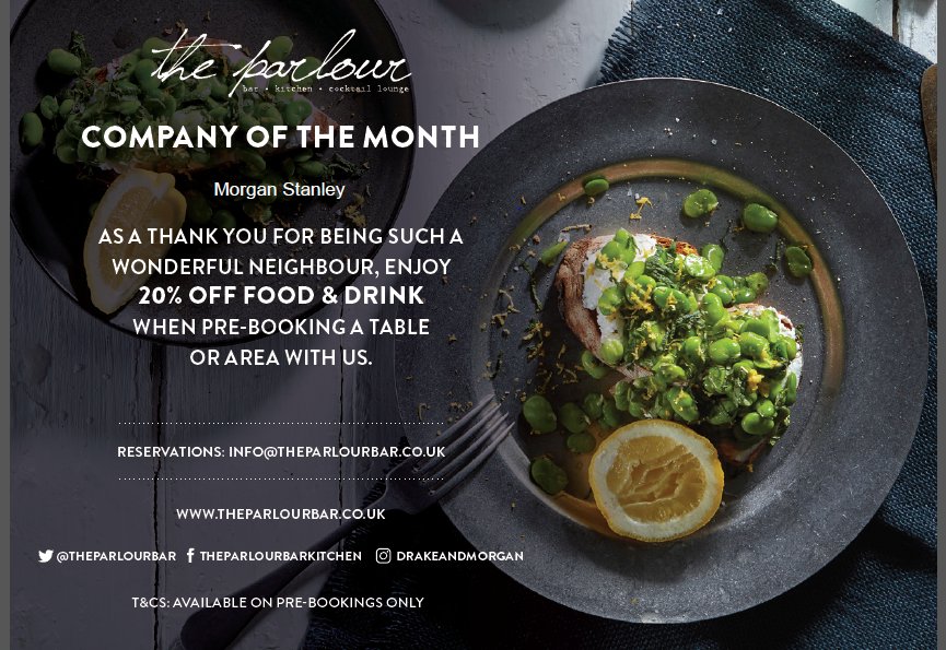 TheParlourBar's tweet photo. Congratulations to Morgan Stanley company for April.
‘This offer entitles you to 20% off breakfast, lunch &amp; dinner with bookings only.  Alternatively if a tipple &amp; a nibble is more your style, we are offering 20% off pre-orders with drinks reservations that are £200 or more! https://t.co/N2aUna3CUO