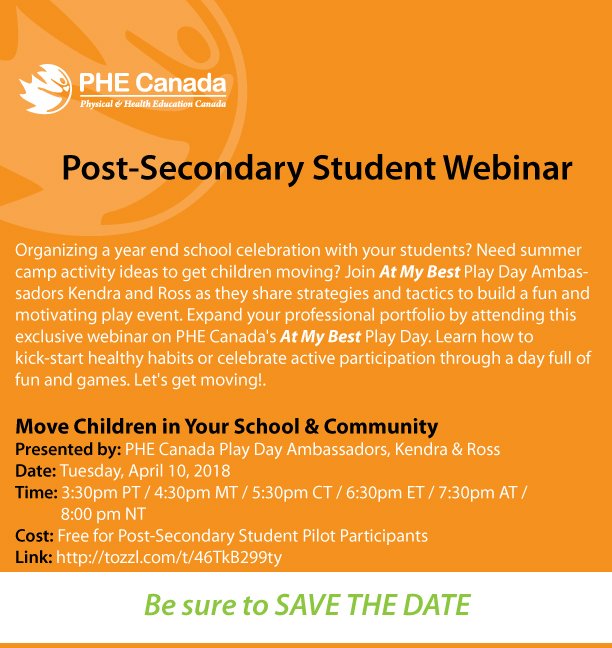 PHECanada's tweet photo. Move Children in Your School &amp; Community! Join us April 10th for a FREE webinar. #AtMyBest #PhysicalActivity #HealthyEating #WellBeing #Health https://t.co/jkLIcRVhfX https://t.co/bS8nsA8qXM