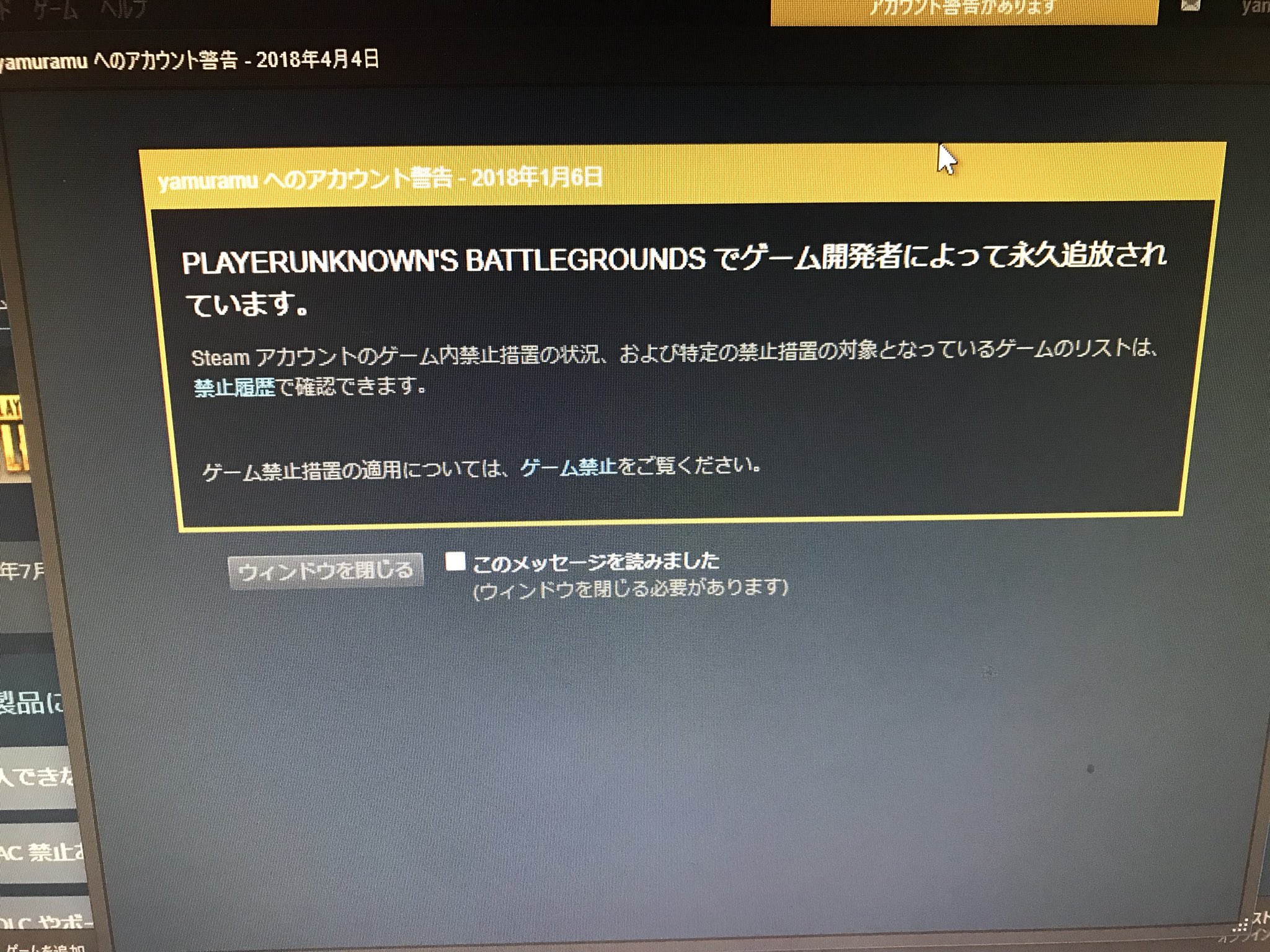 やむらむ 登録メールアドレスも変えられていたからsteamのサポートに連絡をして新しくパスワード発行してもらったけど 今度はpubgが永久banされてた T Co B1skw4xkco Twitter