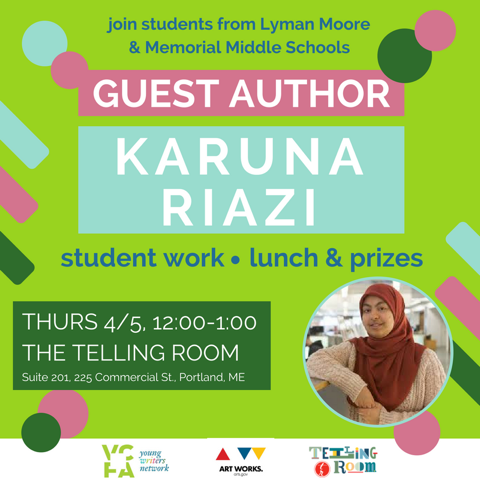 VCFAYoungWriter's tweet photo. We're heading to Portland to celebrate stories with @KarunaRiazi @tsesmith @thetellingroom &amp; students from @LymanMooreMS &amp; Memorial MS. If you're in town tomorrow (4/5), join us for a lunchtime celebration. It's a guaranteed heart-burster. https://t.co/mSguIkVukf