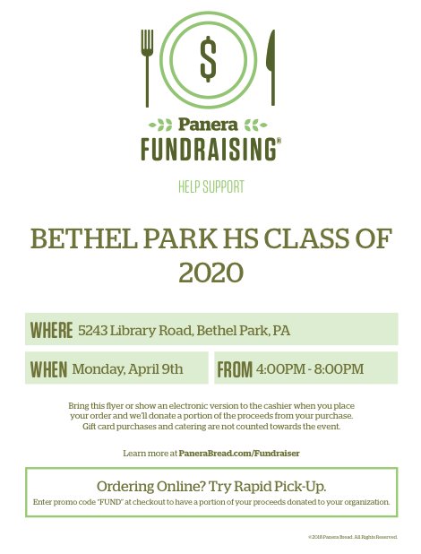 bphs2020's tweet photo. Support the BPHS Class of 2020 by going to @panerabread on Monday, April 9 from 4-8. Show them the attached flyer and 20% of your order will go to the class! @bpsdinfo #tweetbphs https://t.co/WPz2bLmWHp