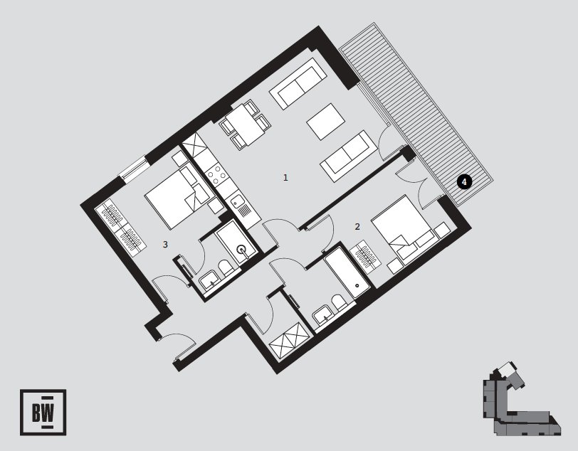 BrickworksCDF's tweet photo. Here's a sample floor plan of one of two bed apartments available to reserve now from £220,000 with parking in the city centre. Help to Buy is available. https://t.co/xTasVlBjT0 https://t.co/rUBE1mhYZx