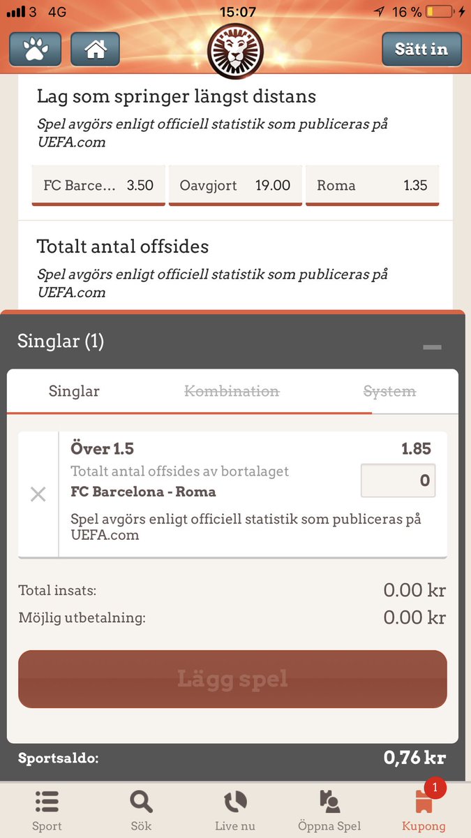 Kvällens CL spel blir med fokus på offsides. Barca spelar med en rätt rak 4 backslinje och ställer gärna offside. Roma lär ligga på kontring och löser ö1.5 offside till 1.85 #betting #bettingtips