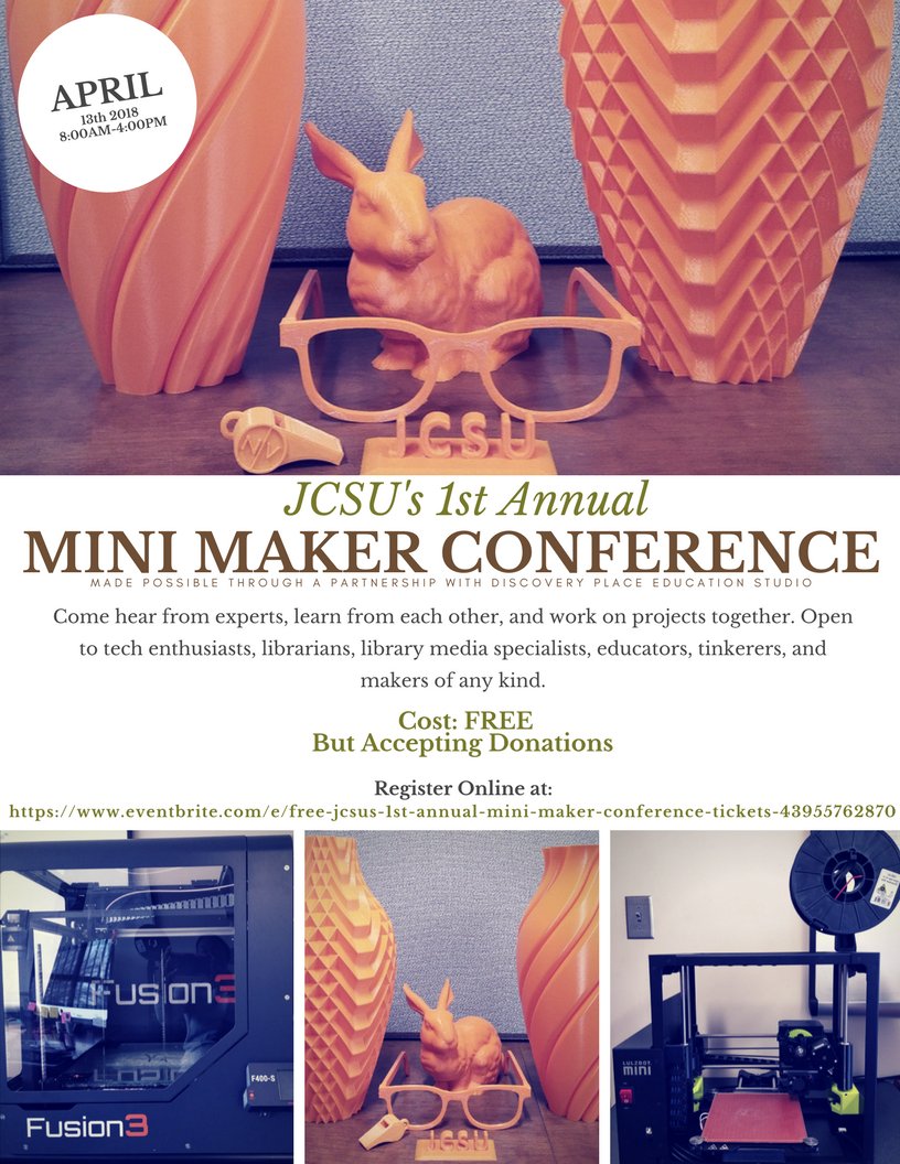 jcsulibrary's tweet image. FREE! JCSU's first annual #MiniMakerConference has been revised. This event is now FREE but accepting donations. Register online at ow.ly/GySf30j3Xw3 to reserve your spot and come join us on Friday, April 13th from 8AM-4PM at JCSU Library. #FreeAdmission #MakeADonation