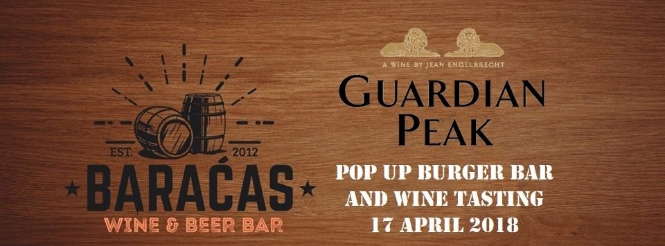 guardianpeak's tweet photo. Its time for burgers and wine!! Come join us at Baraca's Wine &amp; Beer Bar (Tuesday 17th April) for a day with Guardian Peak wines and Baraca's famous Burgers (R68) including a glass of Guardian Peak wine from 12:00!! FREE wine tasting 18:00 - 20:00. No bookings needed. T&amp;C's apply https://t.co/A9JBkZVbL7